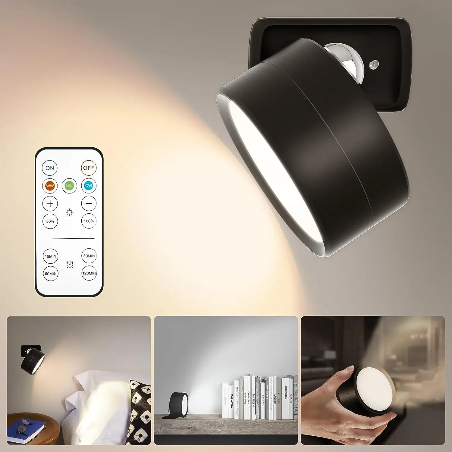 Magnetic LED Wall Light - Rechargeable 360° Rotating Reading Lamp with Touch and Remote Control for Versatile Indoor Use