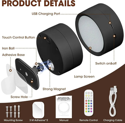 Magnetic LED Wall Light - Rechargeable 360° Rotating Reading Lamp with Touch and Remote Control for Versatile Indoor Use