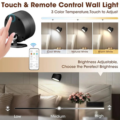 Magnetic LED Wall Light - Rechargeable 360° Rotating Reading Lamp with Touch and Remote Control for Versatile Indoor Use